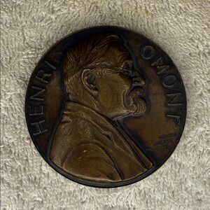 Vintage Henri Omont Brass Medallion French Scholar Portrait Medal Plaque 2.75"